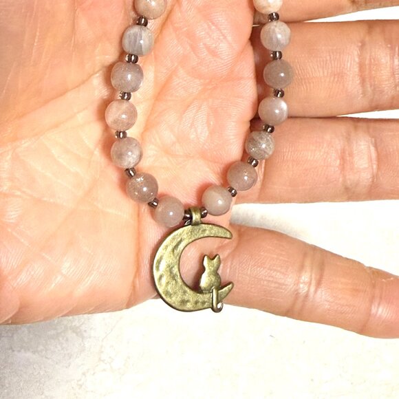 Peach Moonstone Bronze Cat on the Moon Necklace, Genuine Gemstone Beaded Choker - Picture 14 of 14